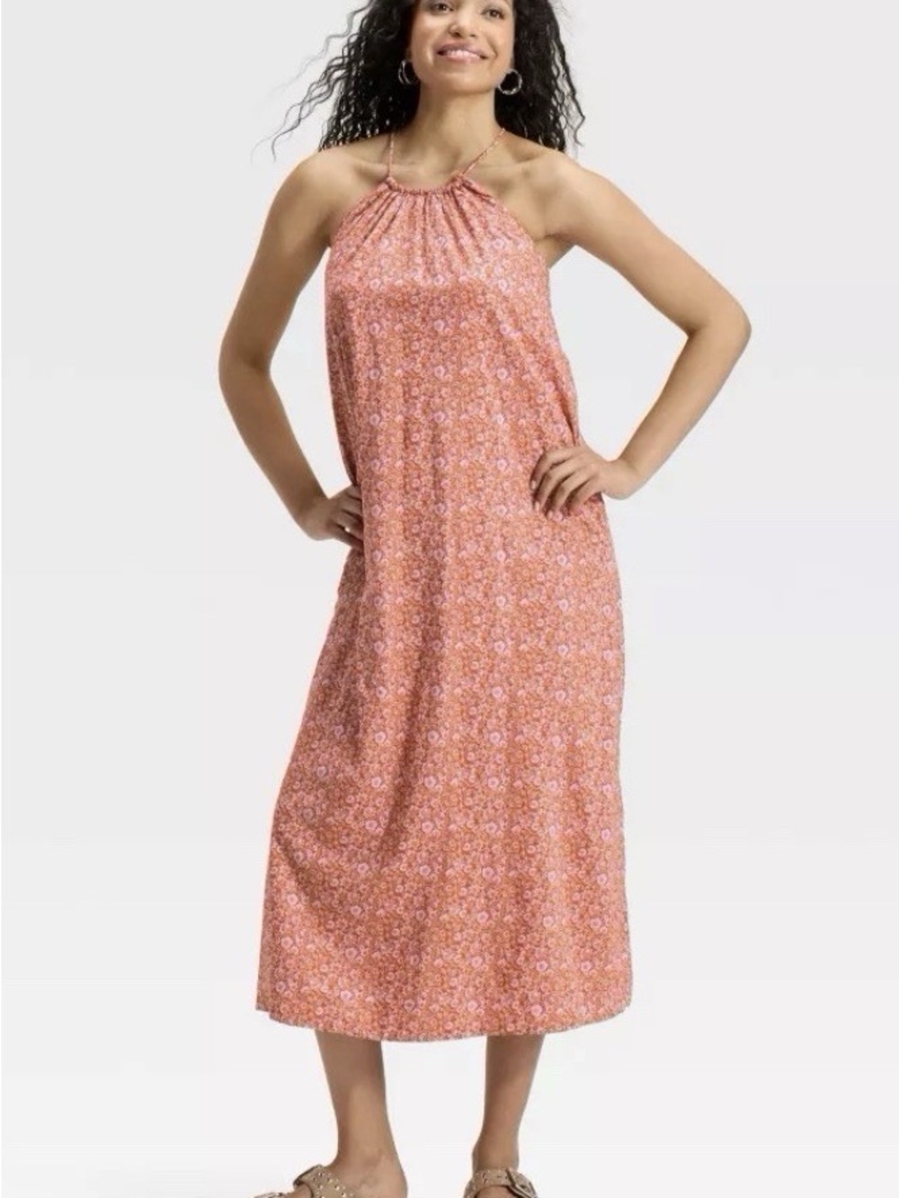 Universal Thread Floral Halter Maxi - Orange & Pink